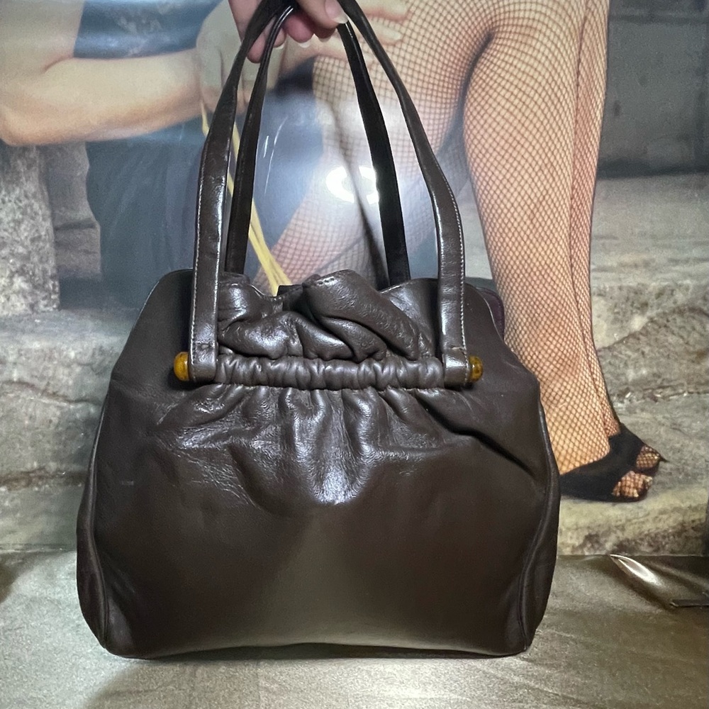 Vintage INGBER Leather Purse, Handbag Brown, Bakelite, Gold Rose Clasp STUNNING
